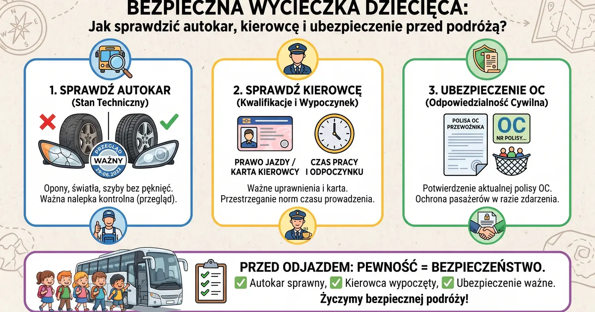Bezpieczny wyjazd dzieci na wakacje: jak sprawdzić autokar, kierowcę i OC przed podróżą?