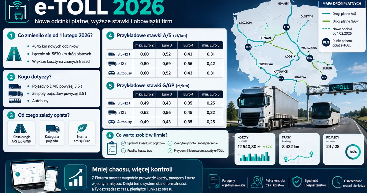 e-TOLL 2026: nowe odcinki płatne, stawki i obowiązki przewoźników