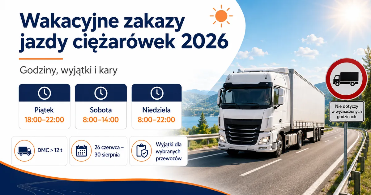 Wakacyjne zakazy jazdy ciężarówek 2026: godziny, wyjątki i kary